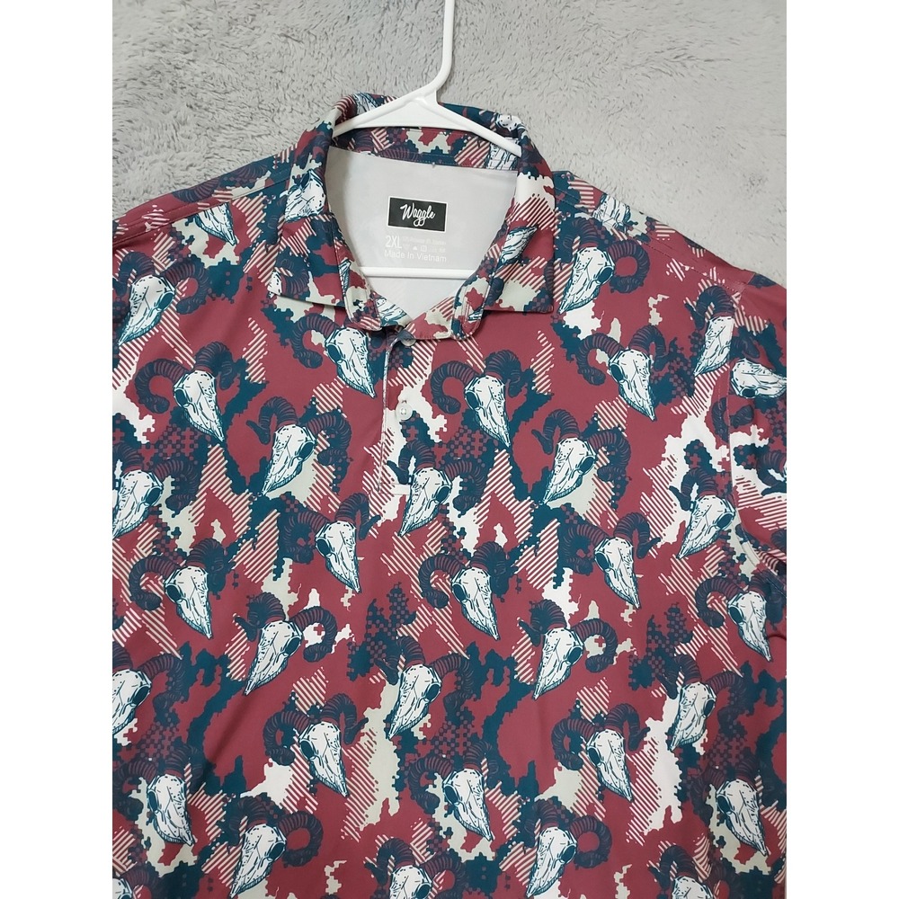 Waggle Polo Shirt Mens 2XL XL Ram Skull Animal Print Golf Performance Maroon - Picture 4 of 8